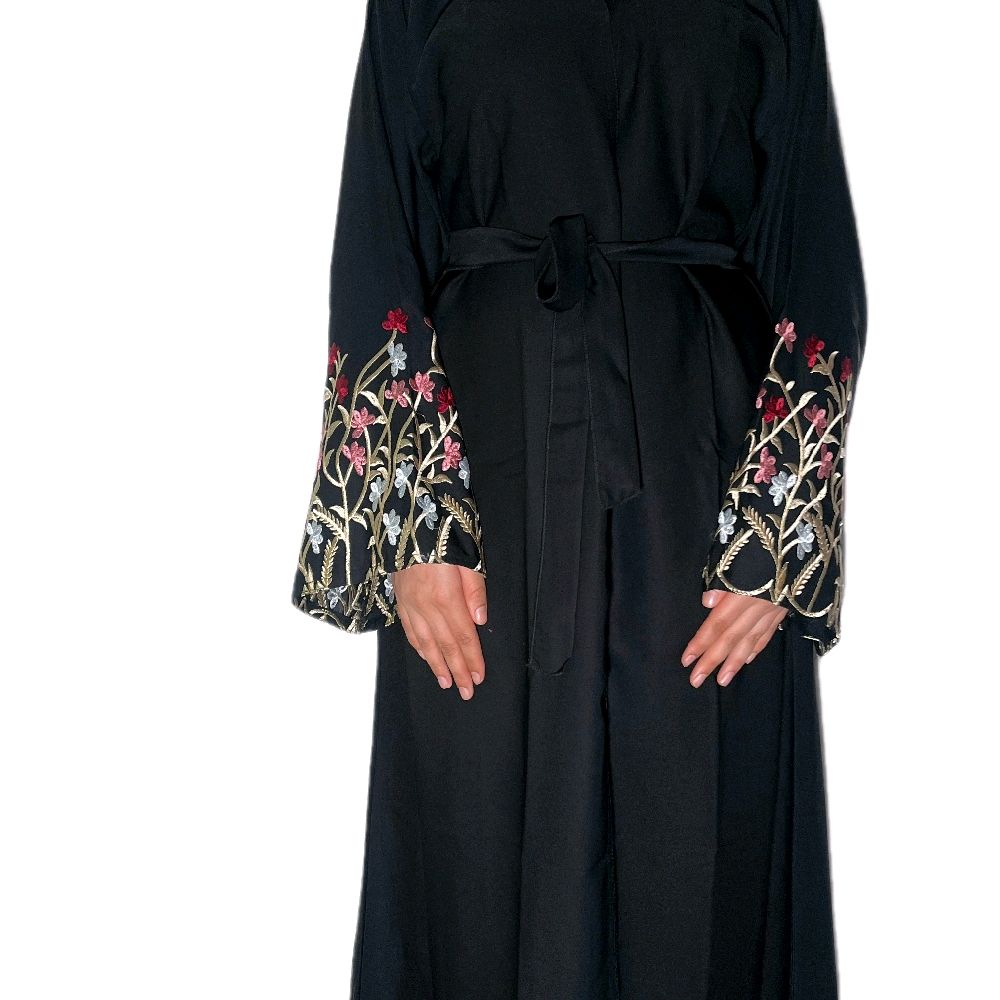 Yusra Abaya with Beautiful Flower Embroidery for Modesty in Black Elegant and Stylish