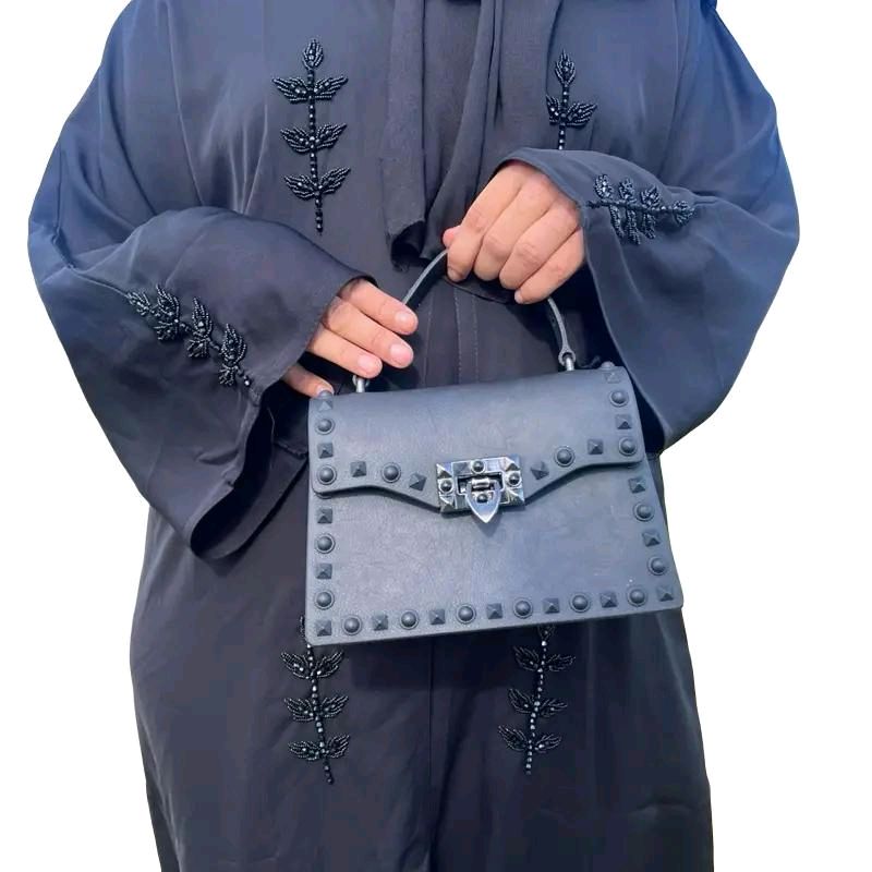 Isma Abaya with Intricate Black Embellishment 3 Piece Set Open Abaya Matching Scarf Rope Belt