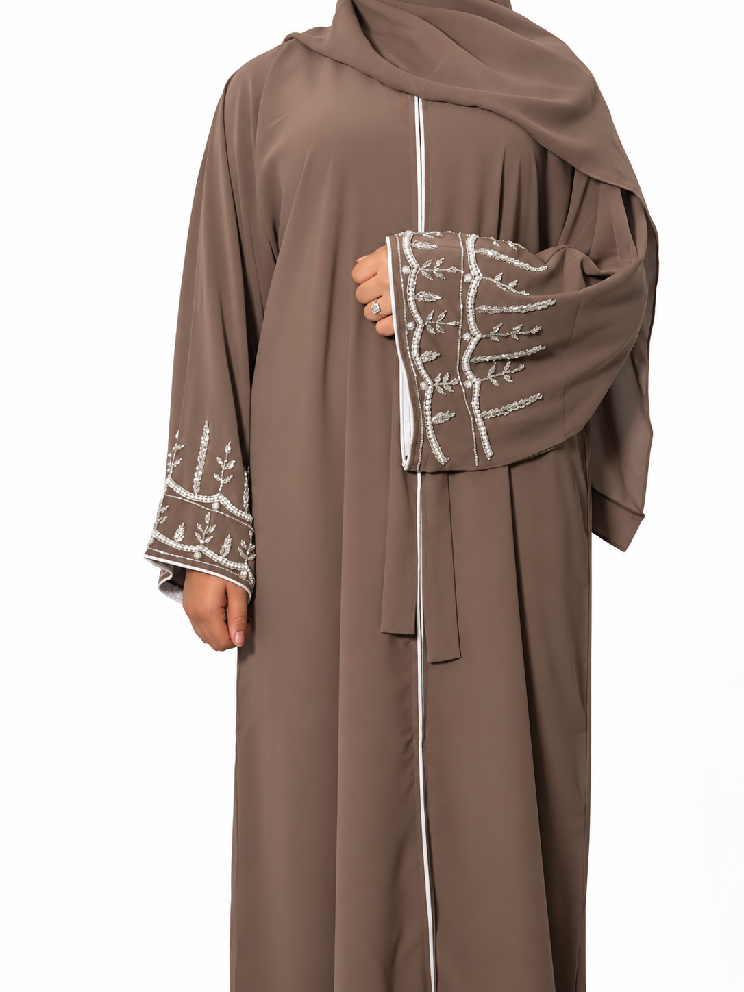 Amirah Abaya with Silver Embellishments, Matching Scarf & Belt – Elegant Party Wear
