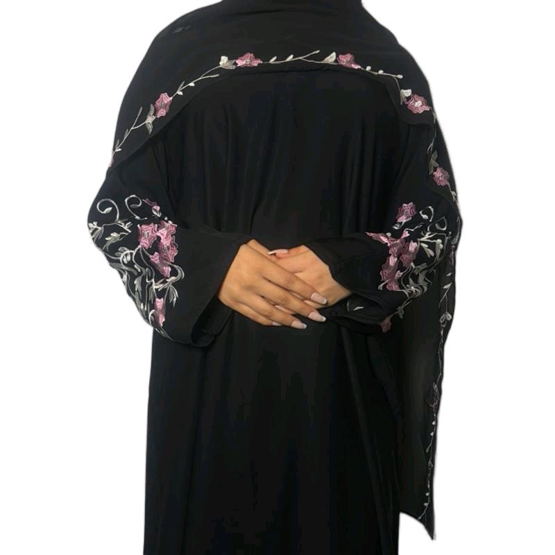 Amina Embroidery Abaya Comfortable 3 Piece Set Includes Belt Embroidered Scarf